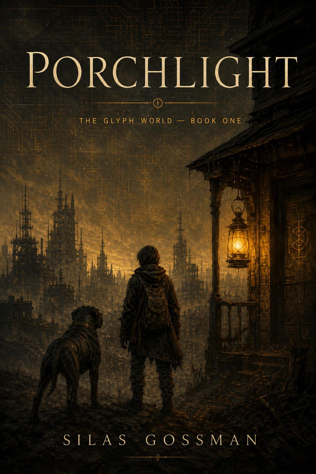 Porchlight book cover: a scavenger and his dog standing before a ruined skyline lit by a single amber lantern